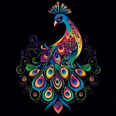 Obraz premium Colorful Peacock with Spread Tail Feathers on Black Background