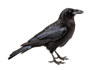 Majestic Black Raven Bird With Glossy Feathers Isolated On White Background