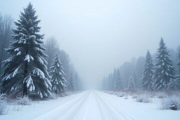 Obraz premium Winter wonderland a serene blue spruce forest covered in snow, with a forest road leading into the distance. Frosty trees stand tall, their branches heavy with snow, creating peaceful winter scene