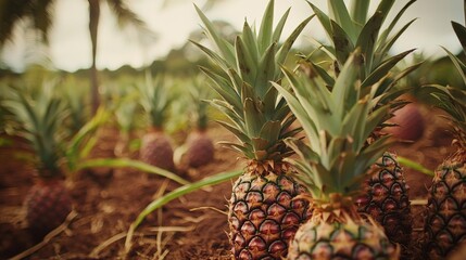 Obraz premium A close-up of pineapples growing in a plantation, with the spiky leaves and ripening fruits visible against the soil