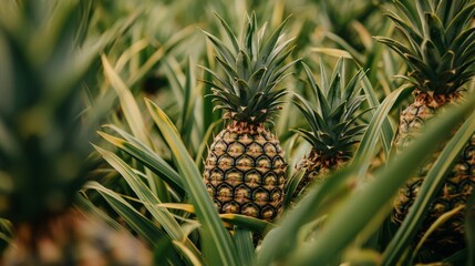 Obraz premium A close-up of pineapples growing in a plantation, with the spiky leaves and ripening fruits visible against the soil