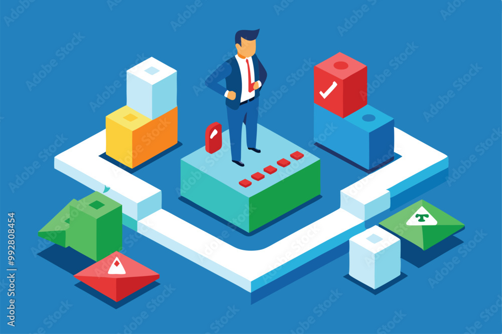 Poster a businessman stands confidently in front of colorful blocks, analyzing metrics in a dynamic workspa