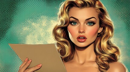 A attractive spectacular woman. Comic halftone style. Space for text