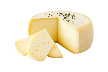 Emmental cheese wheel isolated on a white transparent background. Concept of dairy products and cheese varieties in food photography