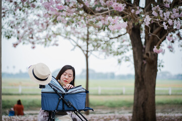 the springtime brings asian woman and her cat on a journey