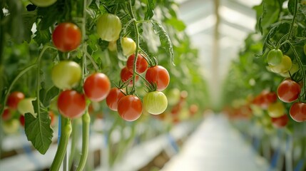 A close-up of ripe cherry tomatoes hanging from vines in a hydroponic setup, with each plant growing in a controlled environment