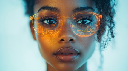A double exposure of a young Black woman with business technology concepts creates a wide-angle visual suitable for banners or ads.