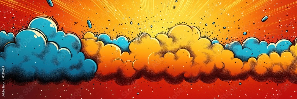 Poster vibrant explosion pattern featuring comic book pop art style with lightning bolts and dynamic beams 