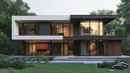 Modern residential architecture featuring a flat roof, expansive windows, and a sleek, angular design crafted from metal, concrete, and wood materials.