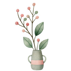 Vase with pink berries and green leaves. Watercolor sticker isolated on transparent background.