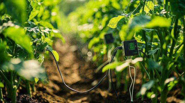 A close-up of sensors attached to crops, collecting data on growth conditions and sending it to a central system