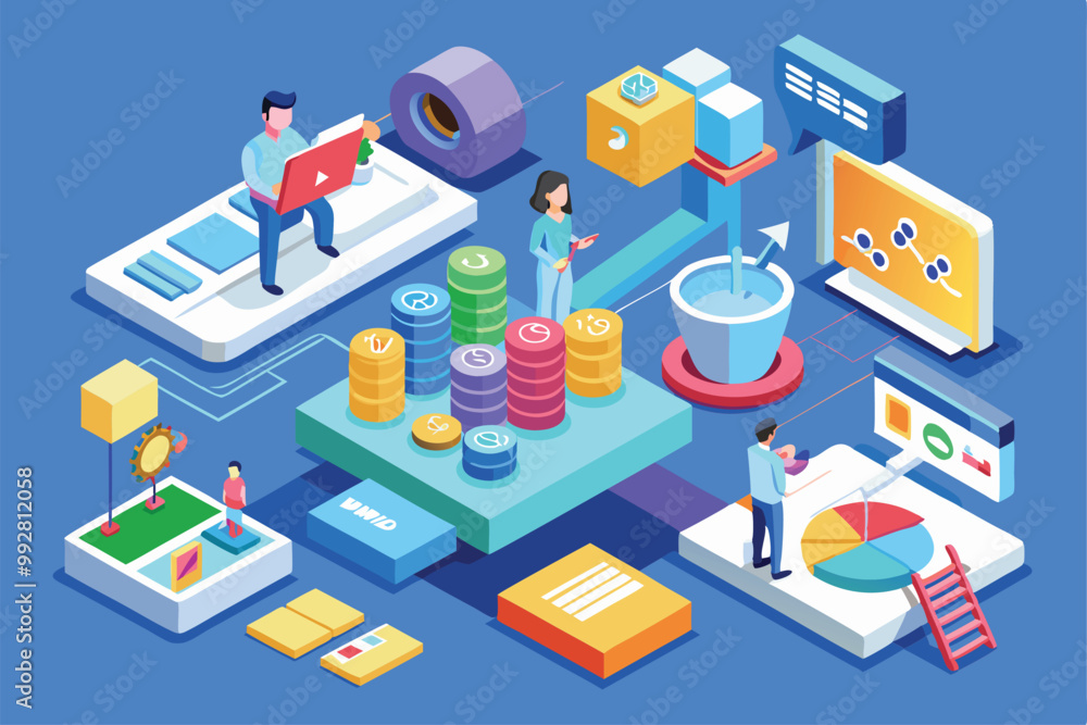 Aufkleber professionals engage in digital tasks, focusing on data conversion and financial analysis in a moder