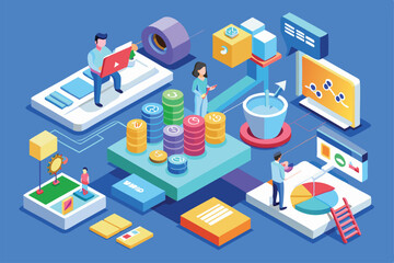 Professionals engage in digital tasks, focusing on data conversion and financial analysis in a modern workspace, Customizable Isometric Illustration Forever