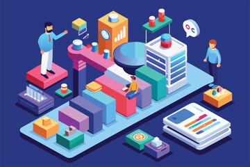 The illustration showcases a dynamic workspace focused on data conversion with various engaging elements, Customizable Isometric Illustration Forever