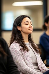 Fototapeta premium A Mindfulness Workshop Focusing On Stress Reduction Techniques. Participants Practice Progressive Muscle Relaxation