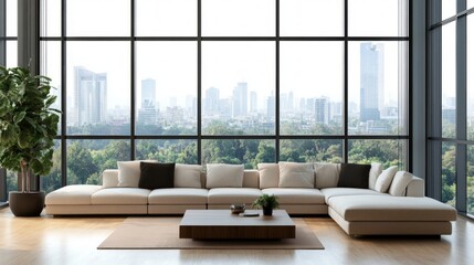 Fototapeta premium Contemporary Living Room with Cityscape View, featuring sleek furnishings, spacious sectional sofa, expansive floor-to-ceiling windows, and vibrant urban backdrop