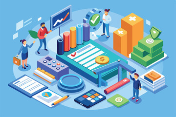 This illustration features various tools and activities related to credit assessment in a colorful office environment, Customizable Isometric Illustration for Credit Assessment