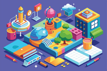 A vibrant isometric design showcases imaginative structures and playful elements in a whimsical setting, Customizable isometric illustration for curious minds.