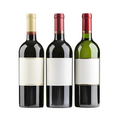 Three Bottles of Wine with Blank Labels Isolated on Transparent Background for Branding and Design Mockup
