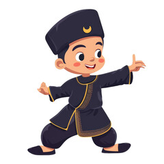 A young boy wearing traditional Malay clothing, smiling and with his arms outstretched.