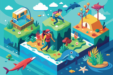 Explore vibrant underwater landscapes featuring diving, marine life, and adventure in this lively illustration, Customizable Isometric Illustration for Diving with Animals