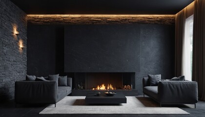 Dark living room loft with fireplace industrial style 3d renderDark living room loft with fireplace industrial style 3d render 87