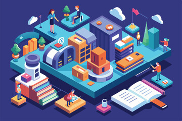 Obraz premium A lively urban workspace showcases people engaging in different tasks amidst colorful buildings and greenery, Customizable isometric illustration for editorial commission.