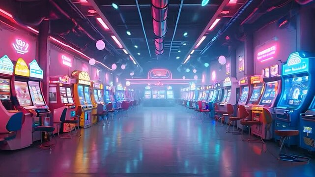 Neon-Lit Arcade with Rows of Arcade Games