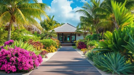 Tropical Oasis Retreat, A charming house nestled in a vibrant garden filled with exotic flowers and lush palm trees, featuring a welcoming wooden walkway to the entrance