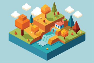 Fototapeta premium A colorful fall landscape features trees in autumn hues, a waterfall, and a charming house beside a river, Customizable Isometric Illustration for Fall
