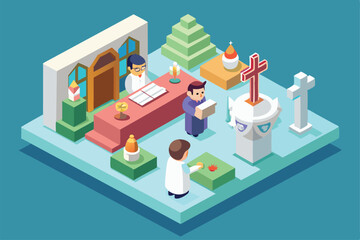A unique isometric illustration shows participants engaging in a religious ceremony at an altar, Customizable isometric illustration for first communion.