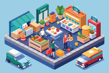 Obraz premium Shoppers interact in a lively grocery shop filled with fresh produce and colorful displays, Customizable isometric illustration for grocery shopping.