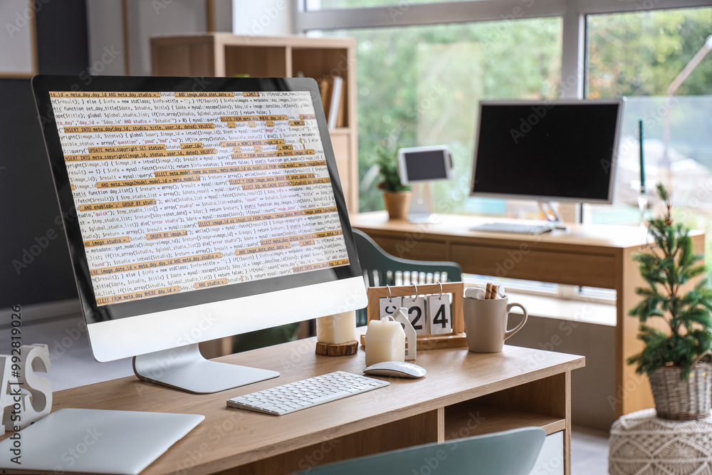 Canvas Prints Programmer's workplace in office decorated for Christmas