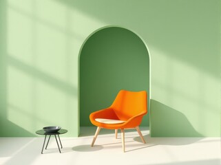 Minimalist green rooms with arched alcoves, orange accent chairs, and plants. Sunlight creates dramatic shadows, evoking calm and style.