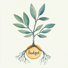 Financial habits. Seedling growing from a coin, with roots forming. Budget. Seedling money assets, growing dividends and interest in the bank. watercolour illustration of the growth. Wallpaper, poster