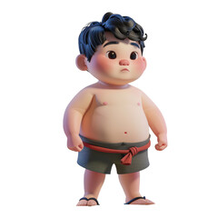 A young boy with short black hair, wearing shorts and sandals, stands with a worried expression on his face.