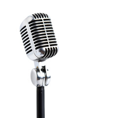 Fototapeta premium Vintage Silver Microphone on Stand Isolated on Transparent Background for Music and Broadcasting Concepts