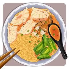 Kimchi Dumpling Noodle Soup Bowl Top View with Chopsticks, Broth, Sliced Shiitake Mushrooms, Cabbage, Sesame Seeds and Green Onions    