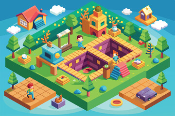 Children engage in adventurous play with colorful structures and natural surroundings in a lively setting, Customizable isometric illustration for hide and seek game.
