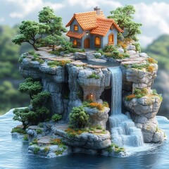 Fototapeta premium Cozy Cottage on a Rocky Island with Waterfall