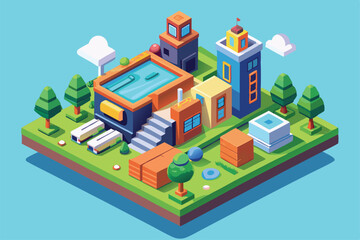 A bright, isometric illustration showcasing a modern neighborhood with trees, a pool, and colorful buildings, Customizable isometric illustration for hire.