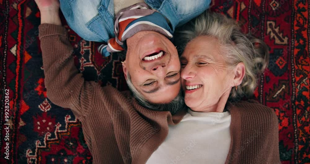 Poster Above, laughing and lesbian couple with smile and love in house living room for care, romance and bonding. Mature women, lgbtq and happy people embrace on floor or carpet together to relax in lounge