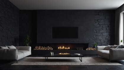A fireplace with a black wall behind it 6
