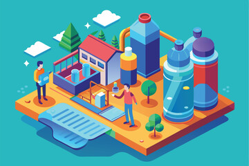 A detailed illustration showcases a hydration factory with workers monitoring water processes and containers, Customizable isometric illustration for hydration.