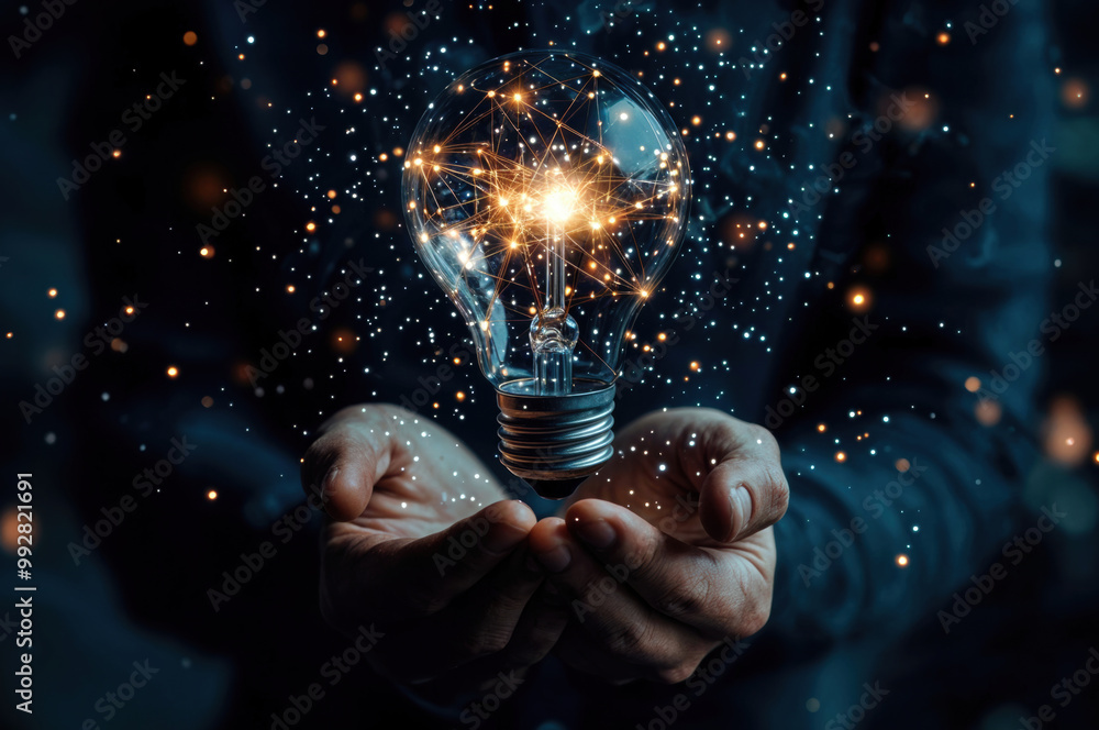 Poster businessman holding light bulb with network connection effect, concept of innovation and creativity 
