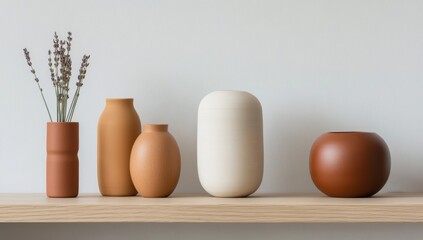 Minimalist Ceramic Vases on Wooden Shelf