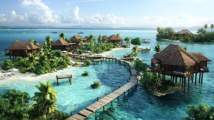 Obraz premium Architectural plan for a private island resort, featuring overwater bungalows and ecological preservation areas