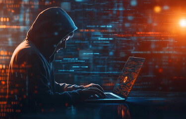 Cyber hacker attack concept. Abstract digital hacker man with a laptop. Male criminal, hoodie and ready for coding, cyber-attack and programming for malware with tech, scam and data