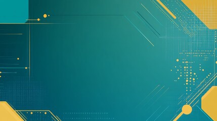 A blue-green background with simple geometric shapes in various shades of teal and yellow,