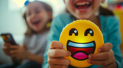 Two children laughing and playing with a bright yellow emoji toy. One child holds the toy with a big smiling face, while the other is in the background, looking at a smartphone.